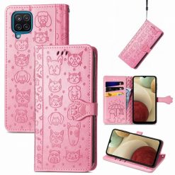 Lacné Kryty | Peňaženkové puzdro Embossing Pattern Pes a Mačka ružové – Samsung Galaxy A12 / M12 | Lacné Kryty