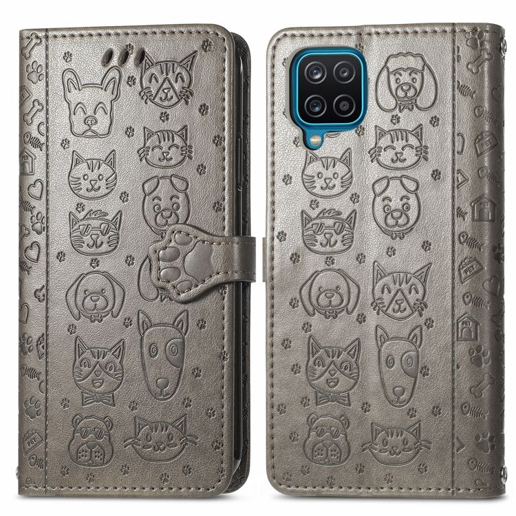 Peňaženkové puzdro Embossing Pattern Pes a Mačka sivé – Samsung Galaxy A12 / M12