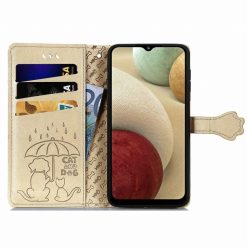 Lacné Kryty | Peňaženkové puzdro Embossing Pattern Pes a Mačka zlaté – Samsung Galaxy A12 / M12 | Lacné Kryty