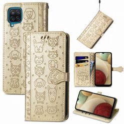 Lacné Kryty | Peňaženkové puzdro Embossing Pattern Pes a Mačka zlaté – Samsung Galaxy A12 / M12 | Lacné Kryty