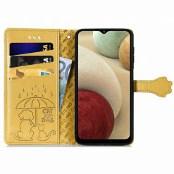 Lacné Kryty | Peňaženkové puzdro Embossing Pattern Pes a Mačka žlté – Samsung Galaxy A12 / M12 | Lacné Kryty