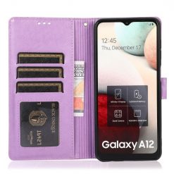 Lacné Kryty | Peňaženkové puzdro Embossing Pattern Slnečnica fialové – Samsung Galaxy A12 / M12 | Lacné Kryty