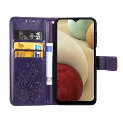 Peňaženkové puzdro Embossing Pattern Štvorlístok fialové – Samsung Galaxy A12 / M12 | Lacné Kryty Lacné Kryty | Peňaženkové puzdro Embossing Pattern Štvorlístok fialové – Samsung Galaxy A12 / M12 | Lacné Kryty