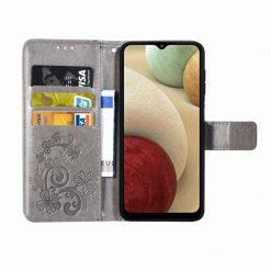 Peňaženkové puzdro Embossing Pattern Štvorlístok sivé – Samsung Galaxy A12 / M12 | Lacné Kryty Lacné Kryty | Peňaženkové puzdro Embossing Pattern Štvorlístok sivé – Samsung Galaxy A12 / M12 | Lacné Kryty