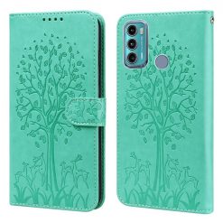 Lacné Kryty | Peňaženkové puzdro Embossing Pattern Strom a jeleň zelené – Motorola Moto G60 | Lacné Kryty