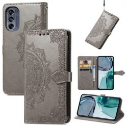 Lacné Kryty | Peňaženkové puzdro Embossing Pattern Mandala Flower sivé – Motorola Moto G42 | Lacné Kryty