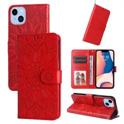 Lacné Kryty | Peňaženkové puzdro Embossing Pattern Slnečnica červené – Apple iPhone 14 | Lacné Kryty