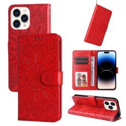 Lacné Kryty | Peňaženkové puzdro Embossing Pattern Slnečnica červené – Apple iPhone 14 Pro | Lacné Kryty