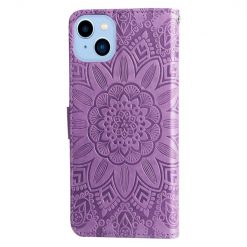 Lacné Kryty | Peňaženkové puzdro Embossing Pattern Slnečnica fialové – Apple iPhone 14 | Lacné Kryty