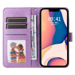 Lacné Kryty | Peňaženkové puzdro Embossing Pattern Slnečnica fialové – Apple iPhone 14 | Lacné Kryty