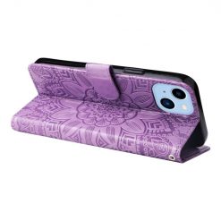 Lacné Kryty | Peňaženkové puzdro Embossing Pattern Slnečnica fialové – Apple iPhone 14 | Lacné Kryty