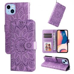 Peňaženkové puzdro Embossing Pattern Slnečnica fialové – Apple iPhone 14 Plus | Lacné Kryty Lacné Kryty | Peňaženkové puzdro Embossing Pattern Slnečnica fialové – Apple iPhone 14 Plus | Lacné Kryty