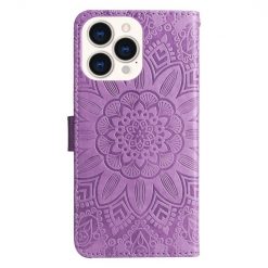 Lacné Kryty | Peňaženkové puzdro Embossing Pattern Slnečnica fialové – Apple iPhone 14 Pro Max | Lacné Kryty
