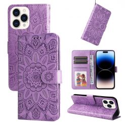 Lacné Kryty | Peňaženkové puzdro Embossing Pattern Slnečnica fialové – Apple iPhone 14 Pro Max | Lacné Kryty