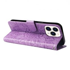 Lacné Kryty | Peňaženkové puzdro Embossing Pattern Slnečnica fialové – Apple iPhone 14 Pro Max | Lacné Kryty