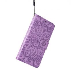 Lacné Kryty | Peňaženkové puzdro Embossing Pattern Slnečnica fialové – Apple iPhone 14 Pro Max | Lacné Kryty