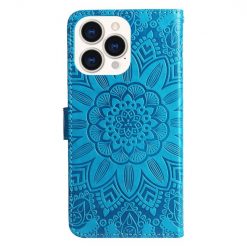 Lacné Kryty | Peňaženkové puzdro Embossing Pattern Slnečnica modré – Apple iPhone 14 Pro | Lacné Kryty