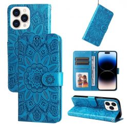 Lacné Kryty | Peňaženkové puzdro Embossing Pattern Slnečnica modré – Apple iPhone 14 Pro Max | Lacné Kryty