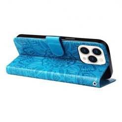 Lacné Kryty | Peňaženkové puzdro Embossing Pattern Slnečnica modré – Apple iPhone 14 Pro Max | Lacné Kryty