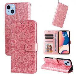 Lacné Kryty | Peňaženkové puzdro Embossing Pattern Slnečnica ružové – Apple iPhone 14 Plus | Lacné Kryty