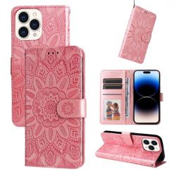 Lacné Kryty | Peňaženkové puzdro Embossing Pattern Slnečnica ružové – Apple iPhone 14 Pro Max | Lacné Kryty