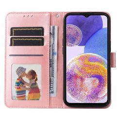 Lacné Kryty | Peňaženkové puzdro Embossing Pattern Slnečnica ružové – Samsung Galaxy A23 5G / M23 | Lacné Kryty