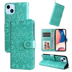 Lacné Kryty | Peňaženkové puzdro Embossing Pattern Slnečnica zelené – Apple iPhone 14 | Lacné Kryty