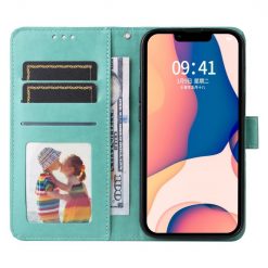 Lacné Kryty | Peňaženkové puzdro Embossing Pattern Slnečnica zelené – Apple iPhone 14 | Lacné Kryty