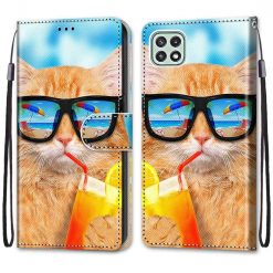 Lacné Kryty | Knižkové puzdro Trendy Cross case Mačka a drink – Samsung Galaxy A22 5G | Lacné Kryty