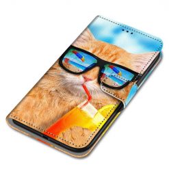 Lacné Kryty | Knižkové puzdro Trendy Cross case Mačka a drink – Samsung Galaxy A22 5G | Lacné Kryty