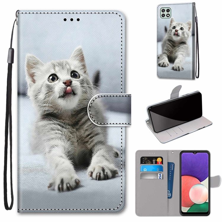 Knižkové puzdro Trendy Cross case Sivá mačka – Samsung Galaxy A22 5G