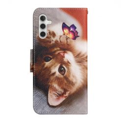 Lacné Kryty | Knižkové puzdro Trendy Cross case Mačka a motýľ – Samsung Galaxy A34 5G | Lacné Kryty