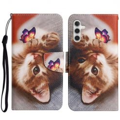 Lacné Kryty | Knižkové puzdro Trendy Cross case Mačka a motýľ – Samsung Galaxy A54 5G | Lacné Kryty