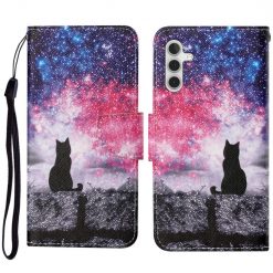 Lacné Kryty | Knižkové puzdro Trendy Cross case Mačka a vesmír – Samsung Galaxy A34 5G | Lacné Kryty