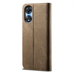 Peňaženkové puzdro Denim Texture svetlohnedé – Oppo A78 5G | Lacné Kryty Lacné Kryty | Peňaženkové puzdro Denim Texture svetlohnedé – Oppo A78 5G | Lacné Kryty