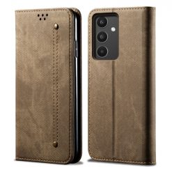 Peňaženkové puzdro Denim Texture svetlohnedé – Samsung Galaxy A34 5G | Lacné Kryty Lacné Kryty | Peňaženkové puzdro Denim Texture svetlohnedé – Samsung Galaxy A34 5G | Lacné Kryty