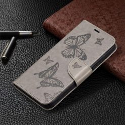 Lacné Kryty | Peňaženkové puzdro Embossing Pattern Motýľ sivé – Samsung Galaxy A54 5G | Lacné Kryty