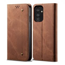Lacné Kryty | Peňaženkové puzdro Denim Texture hnedé – Samsung Galaxy A14 4G/5G | Lacné Kryty