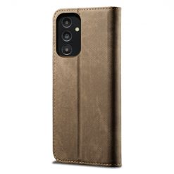 Lacné Kryty | Peňaženkové puzdro Denim Texture svetlohnedé – Samsung Galaxy A14 4G/5G | Lacné Kryty
