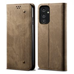 Lacné Kryty | Peňaženkové puzdro Denim Texture svetlohnedé – Samsung Galaxy A14 4G/5G | Lacné Kryty