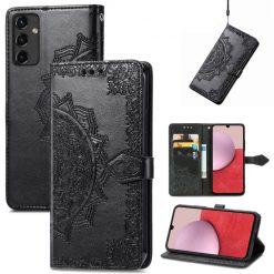 Lacné Kryty | Peňaženkové puzdro Embossing Pattern Mandala Flower čierne – Samsung Galaxy A14 4G/5G | Lacné Kryty
