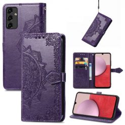 Peňaženkové puzdro Embossing Pattern Mandala Flower fialové – Samsung Galaxy A14 4G/5G | Lacné Kryty Lacné Kryty | Peňaženkové puzdro Embossing Pattern Mandala Flower fialové – Samsung Galaxy A14 4G/5G | Lacné Kryty
