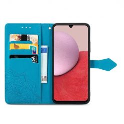 Peňaženkové puzdro Embossing Pattern Mandala Flower modré – Samsung Galaxy A14 4G/5G | Lacné Kryty Lacné Kryty | Peňaženkové puzdro Embossing Pattern Mandala Flower modré – Samsung Galaxy A14 4G/5G | Lacné Kryty