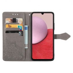 Peňaženkové puzdro Embossing Pattern Mandala Flower sivé – Samsung Galaxy A14 4G/5G | Lacné Kryty Lacné Kryty | Peňaženkové puzdro Embossing Pattern Mandala Flower sivé – Samsung Galaxy A14 4G/5G | Lacné Kryty