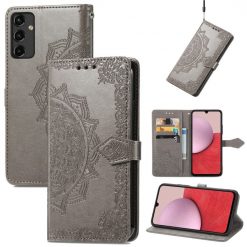 Peňaženkové puzdro Embossing Pattern Mandala Flower sivé – Samsung Galaxy A14 4G/5G | Lacné Kryty Lacné Kryty | Peňaženkové puzdro Embossing Pattern Mandala Flower sivé – Samsung Galaxy A14 4G/5G | Lacné Kryty