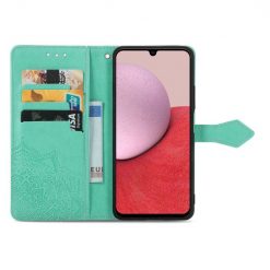 Lacné Kryty | Peňaženkové puzdro Embossing Pattern Mandala Flower zelené – Samsung Galaxy A14 4G/5G | Lacné Kryty