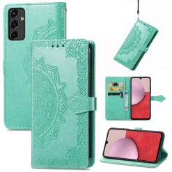 Lacné Kryty | Peňaženkové puzdro Embossing Pattern Mandala Flower zelené – Samsung Galaxy A14 4G/5G | Lacné Kryty