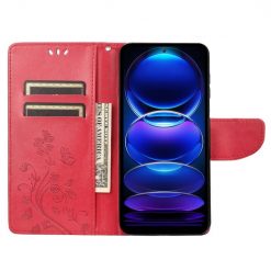 Lacné Kryty | Peňaženkové puzdro Embossing Pattern Motýľ a kvet červené – Xiaomi Redmi Note 12 5G | Lacné Kryty