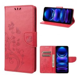 Lacné Kryty | Peňaženkové puzdro Embossing Pattern Motýľ a kvet červené – Xiaomi Redmi Note 12 Pro | Lacné Kryty
