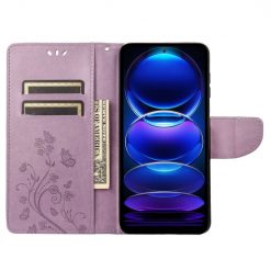 Lacné Kryty | Peňaženkové puzdro Embossing Pattern Motýľ a kvet fialové – Xiaomi Redmi Note 12 Pro | Lacné Kryty